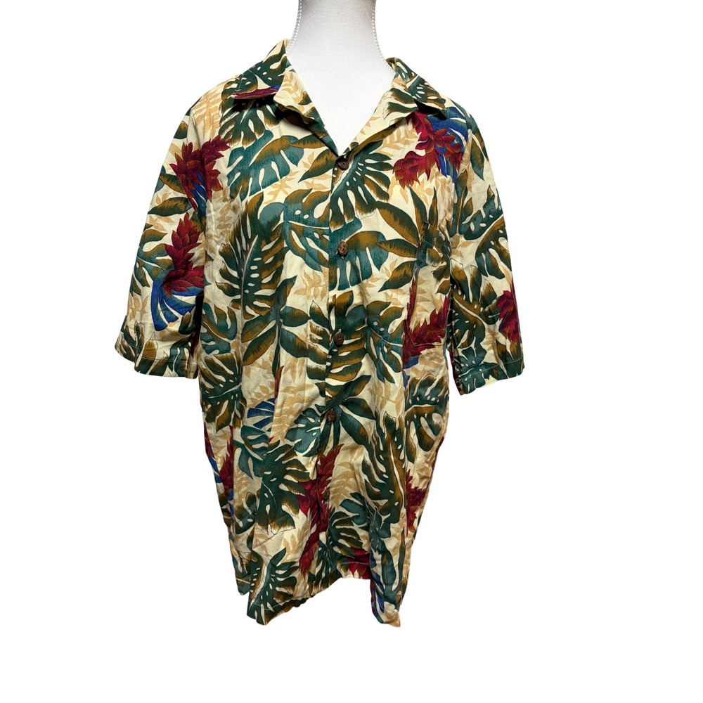 Hilo Hattie Hawaiian Original Tropical Monstera Leaf Floral Button Down Shirt L